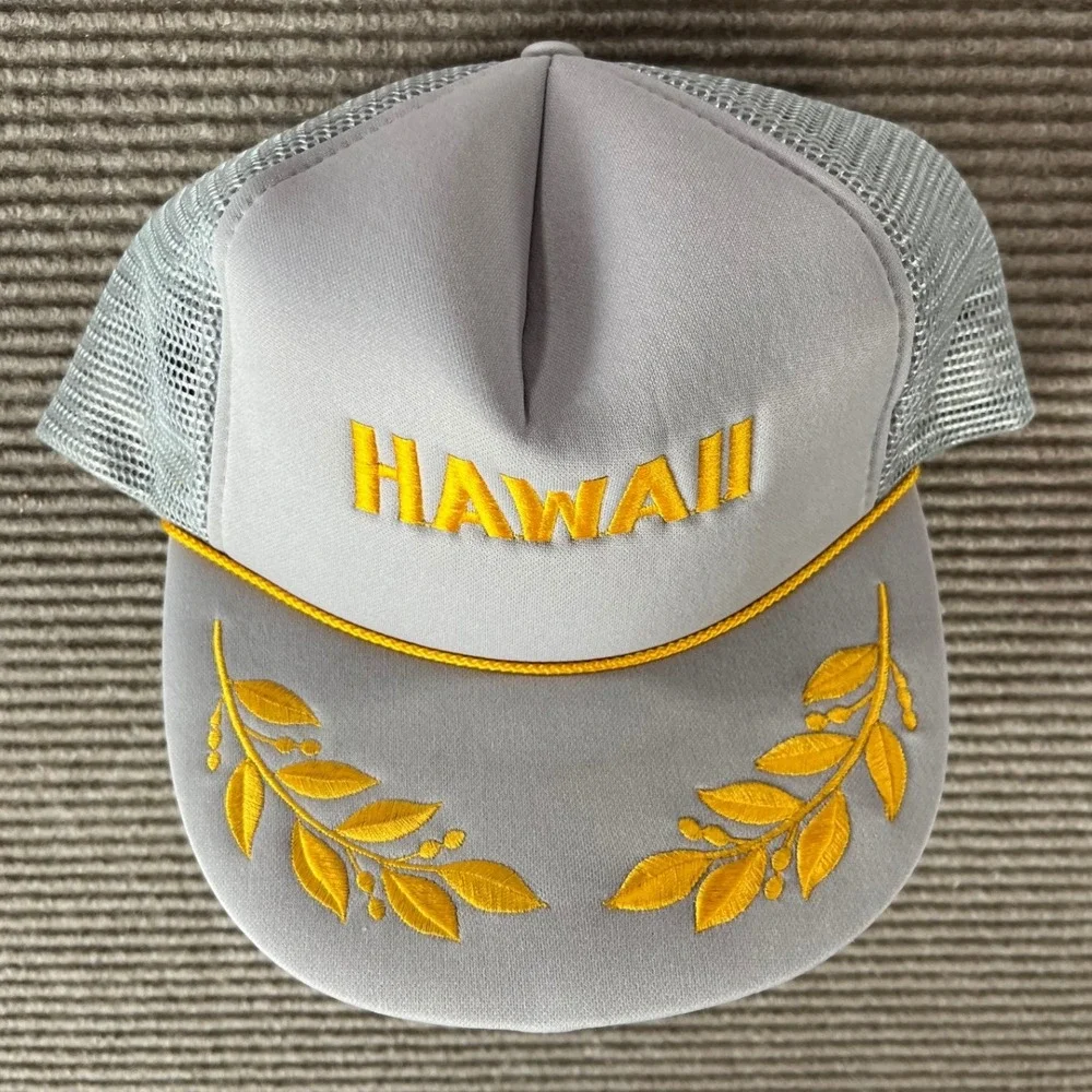 Vintage Hawaii Trucker Hat Gray Gold Embroidered Laurel Snapback Mesh Cap NWOT‎